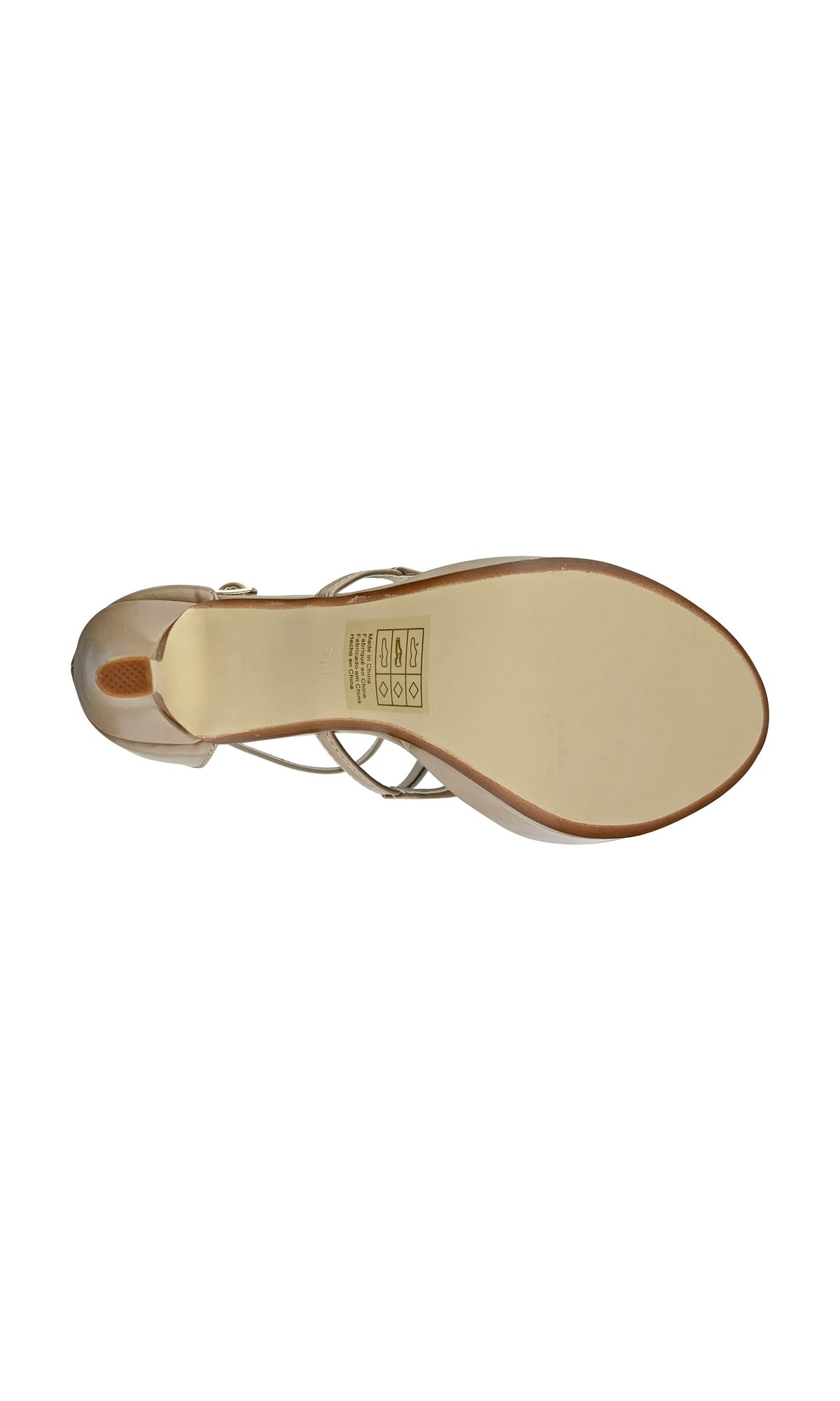 The image shows the bottom view of the Lennox Platform Sandal in Taupe 4459, featuring a smooth sole with labeled info at the center and a 4in vegan leather heel.